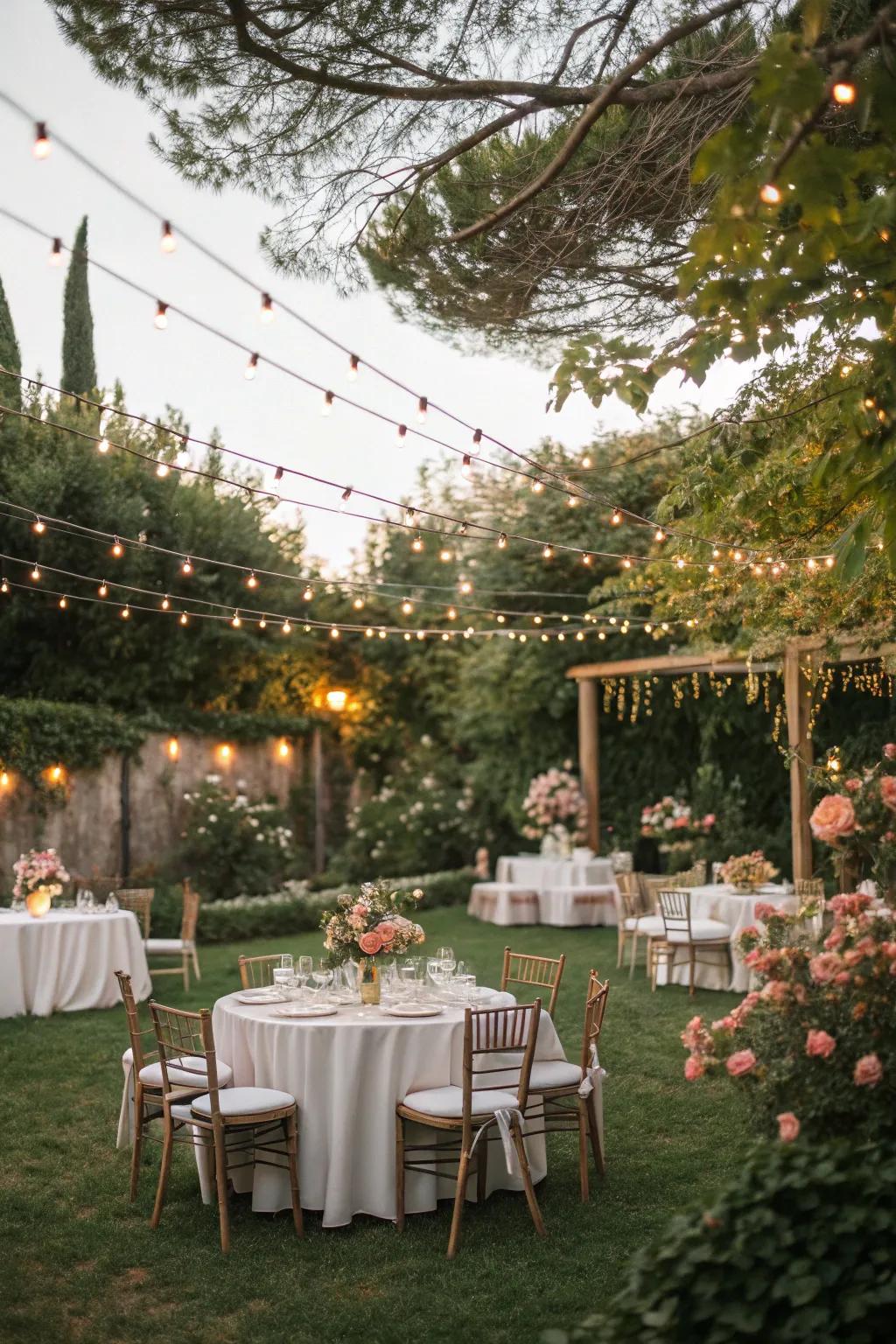 Host a chic garden party with elegant decor and ambient lighting.