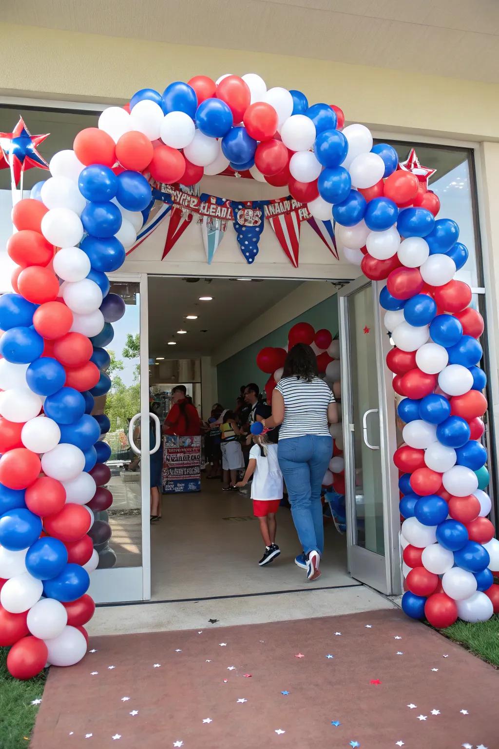 Welcome guests with a striking balloon arch in patriotic colors.