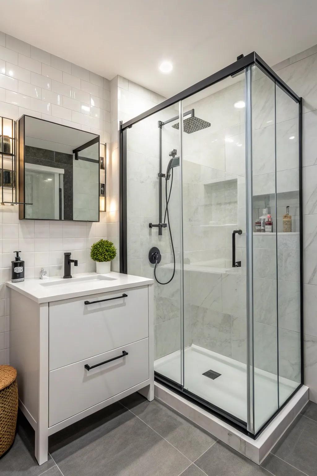 A corner shower utilizes space efficiently in a 4x6 bathroom.