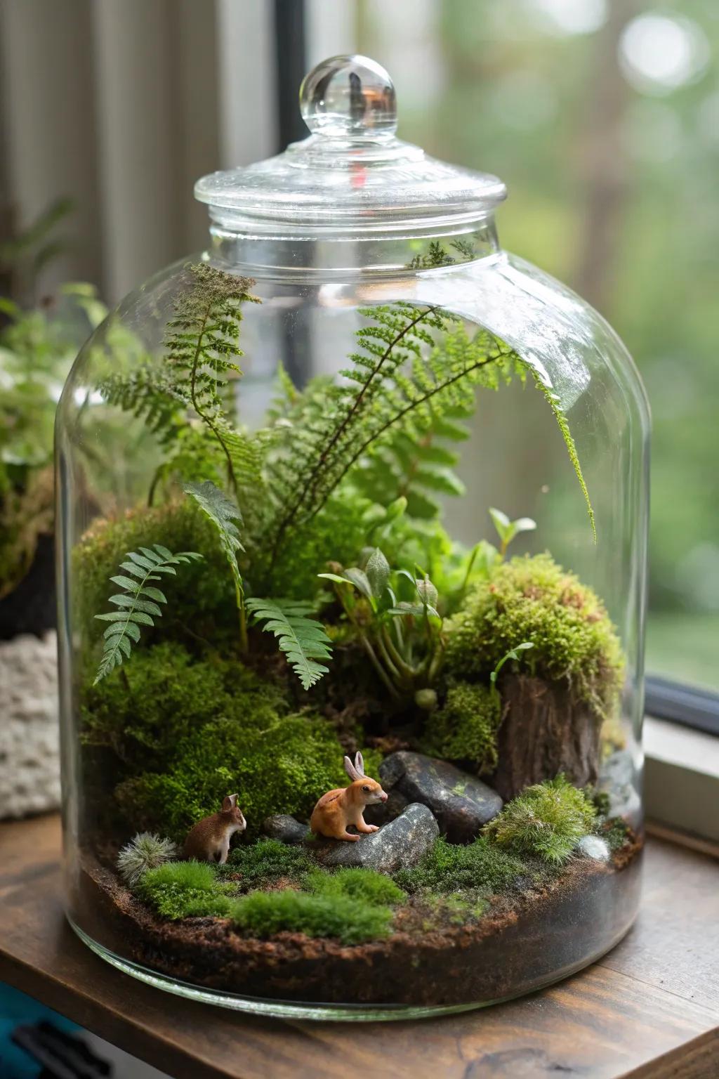 A miniature jungle terrarium with ferns, mosses, and figurines.