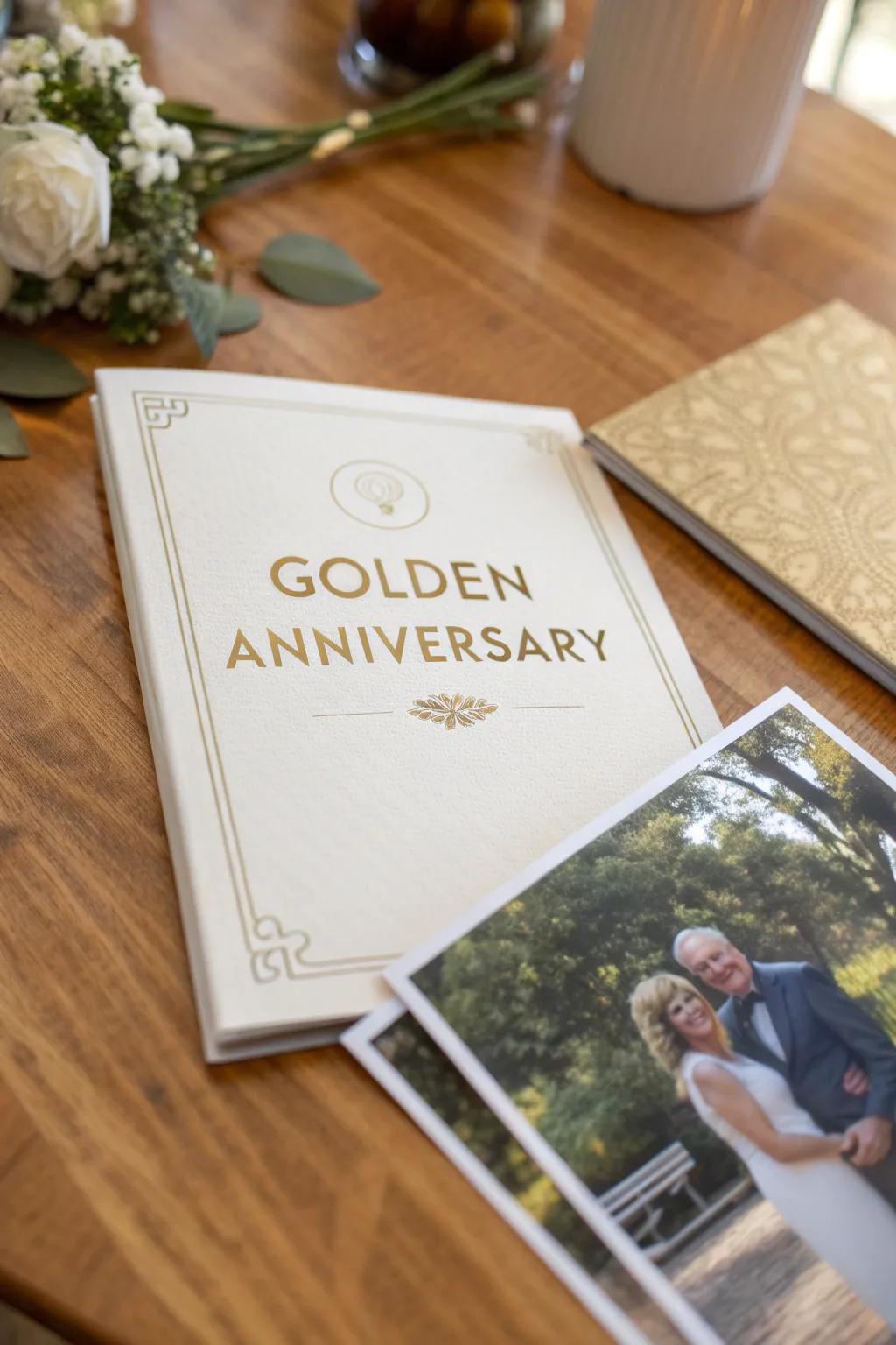 A sophisticated invitation design enhanced with gold accents for a 50th anniversary.