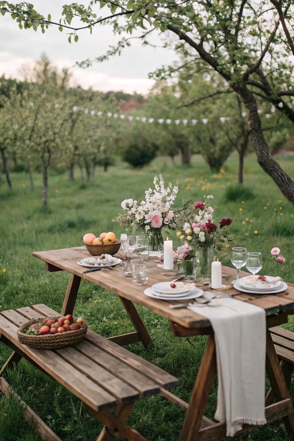 A picturesque dining table in a garden, ready for guests.