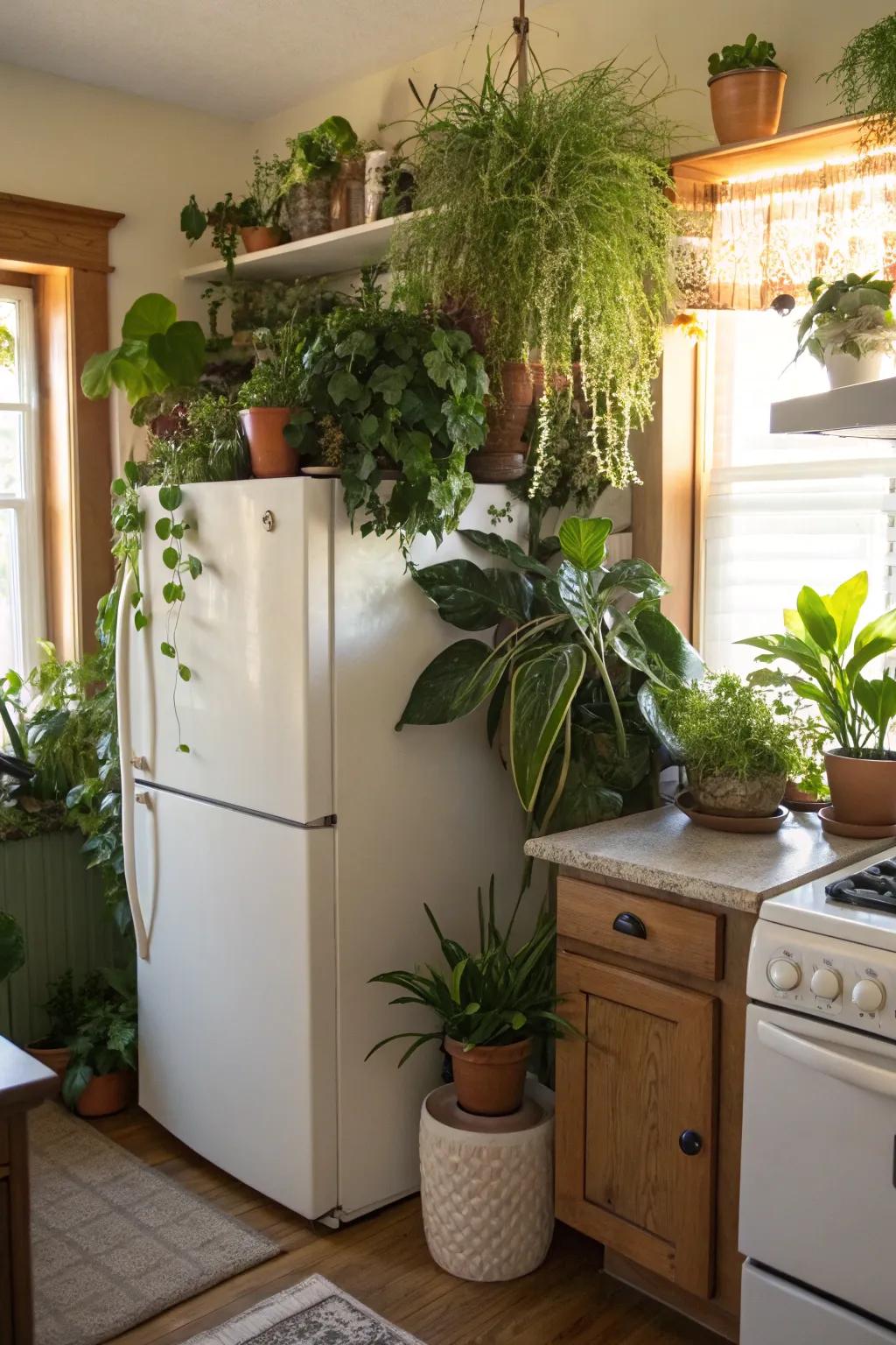 A vibrant arrangement of potted plants brings a natural touch to your kitchen.