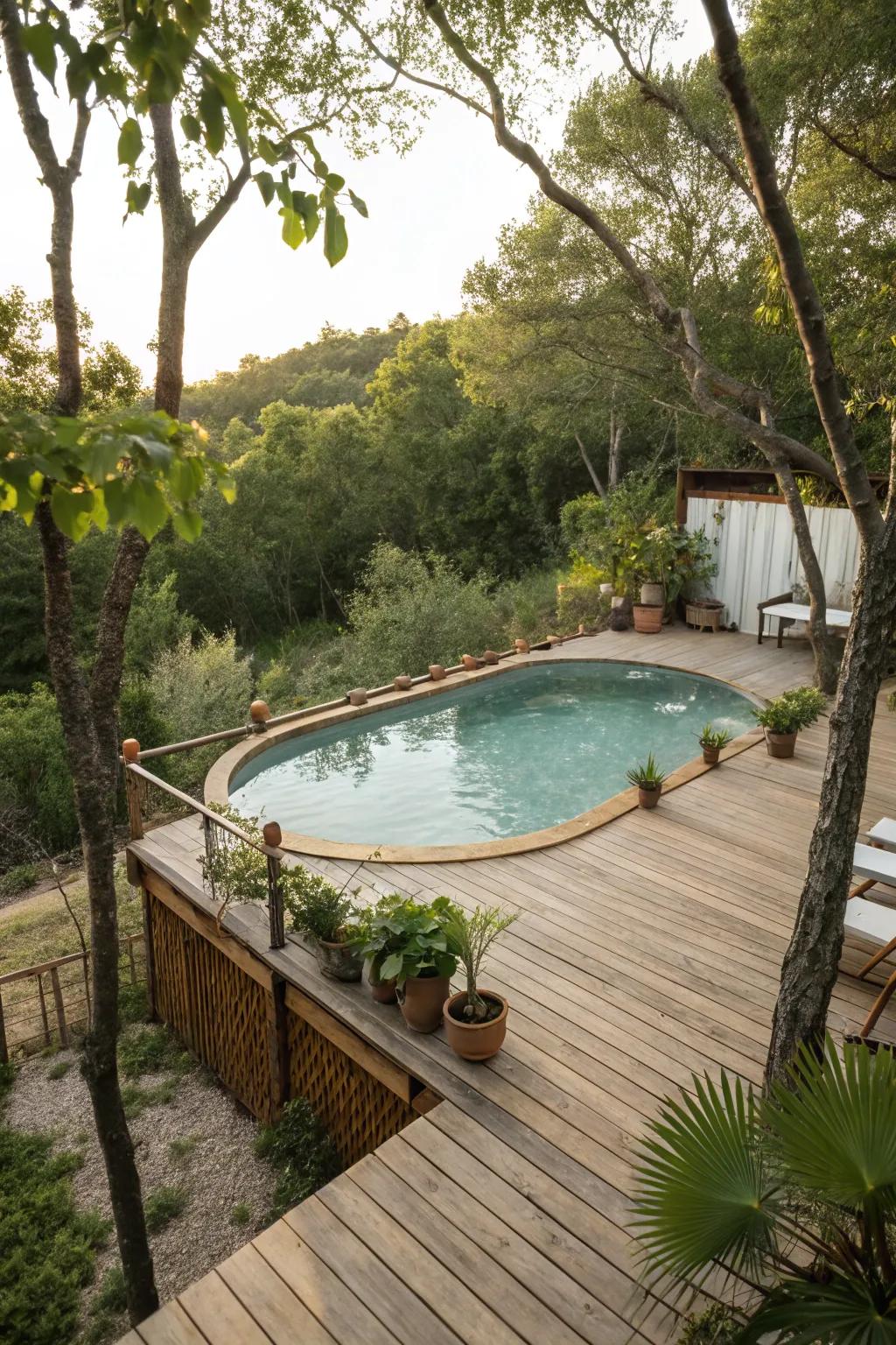 A wooden deck adds warmth and charm to any above ground pool.