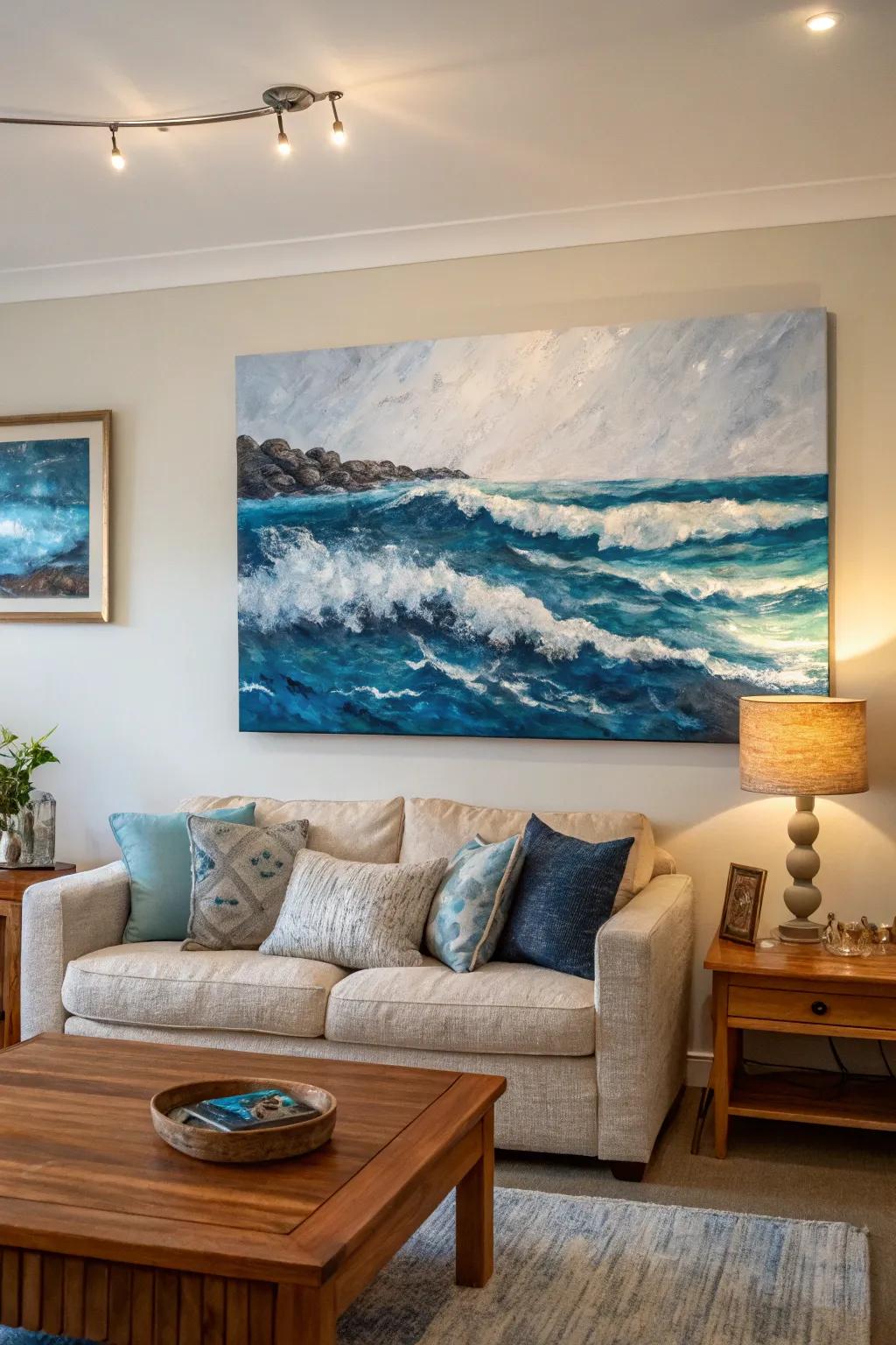 Abstract coastal painting bringing the ocean's tranquility indoors