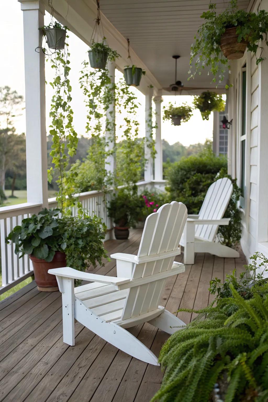 Classic white Adirondack chairs offering a timeless appeal.