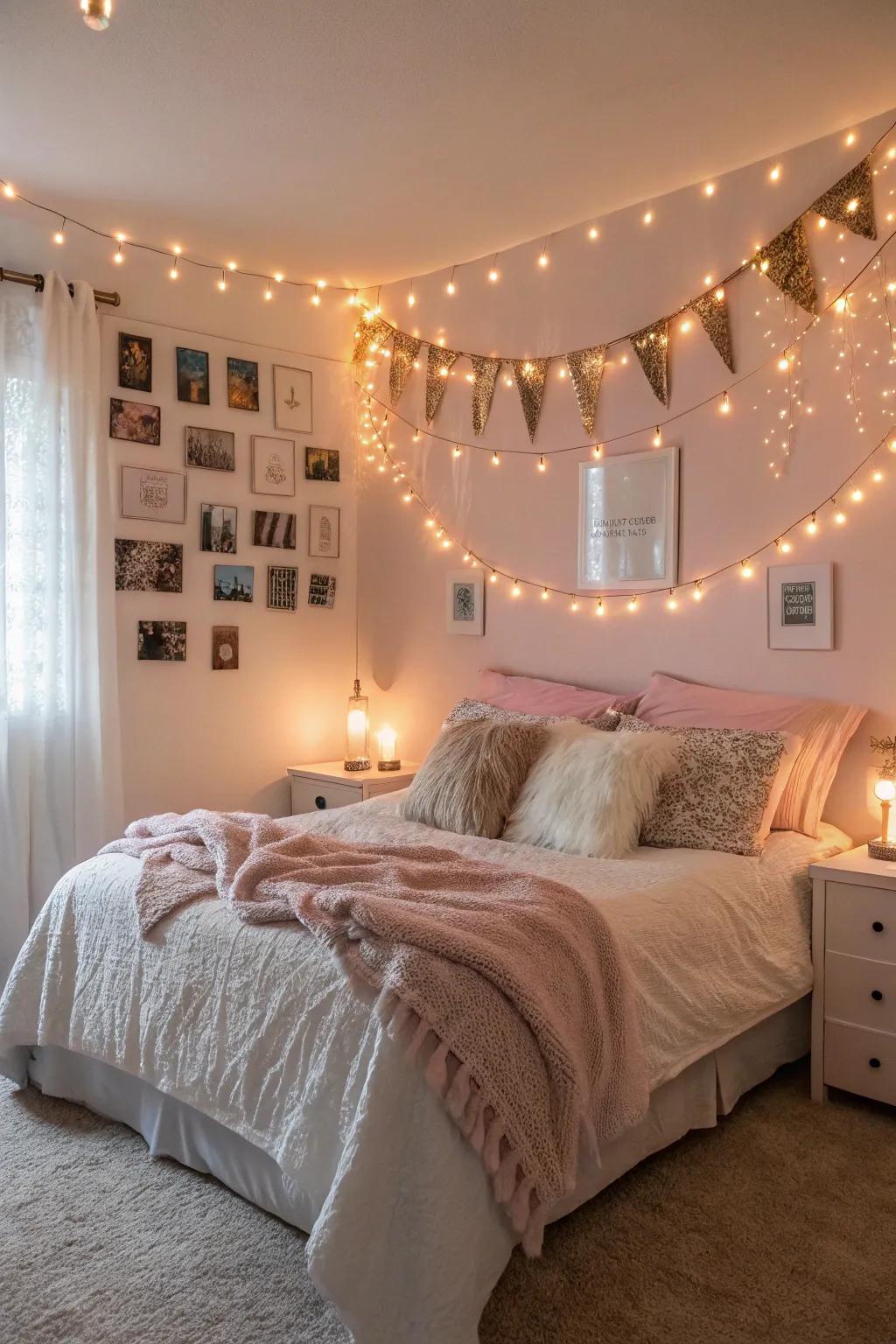 Warm lighting with fairy lights adds coziness to the bedroom.