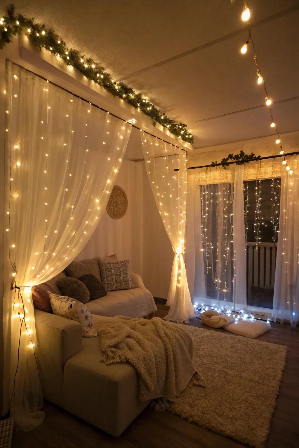 Fairy lights and LED strips add warmth and charm.