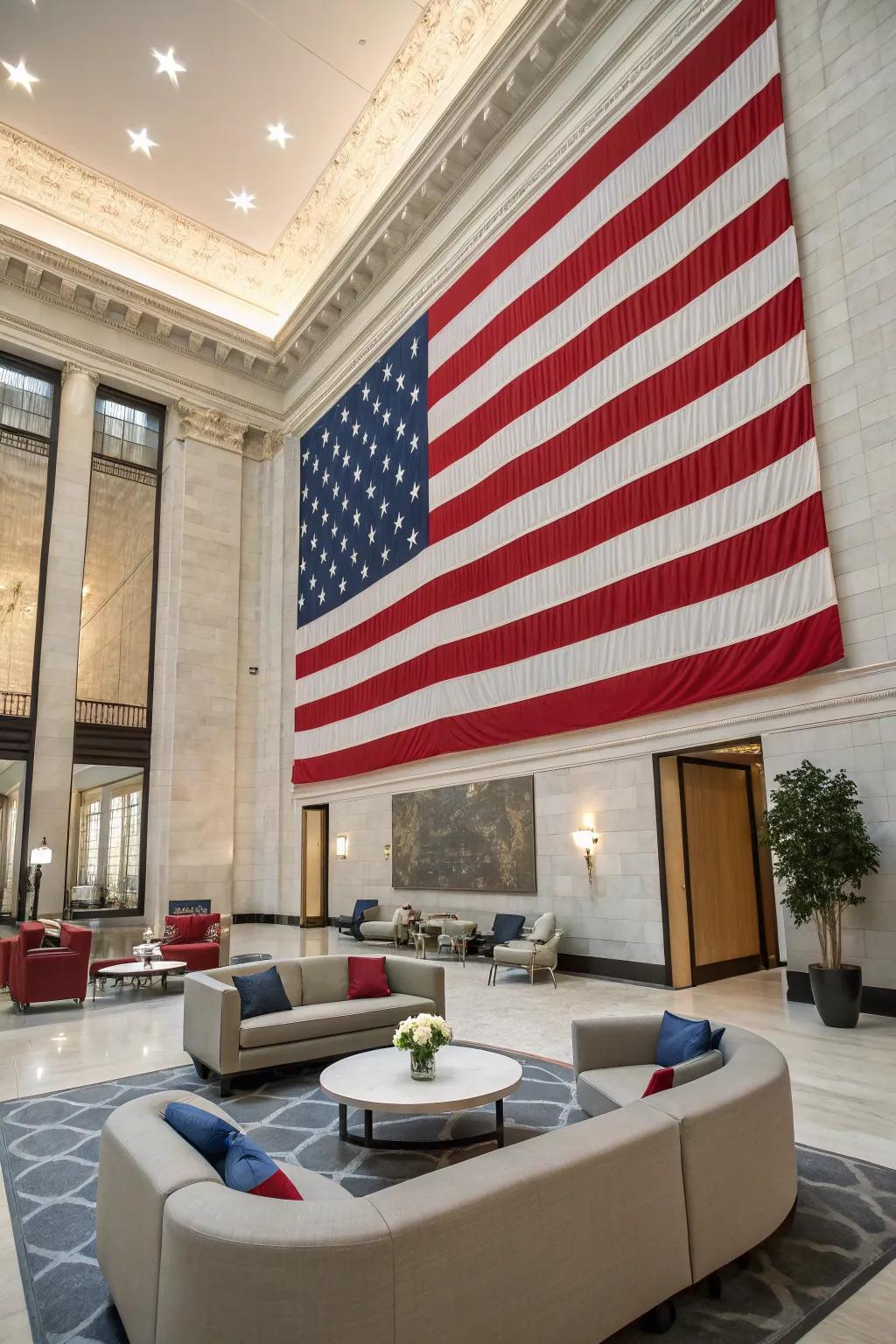 An American flag mural brings life and character to this modern room.