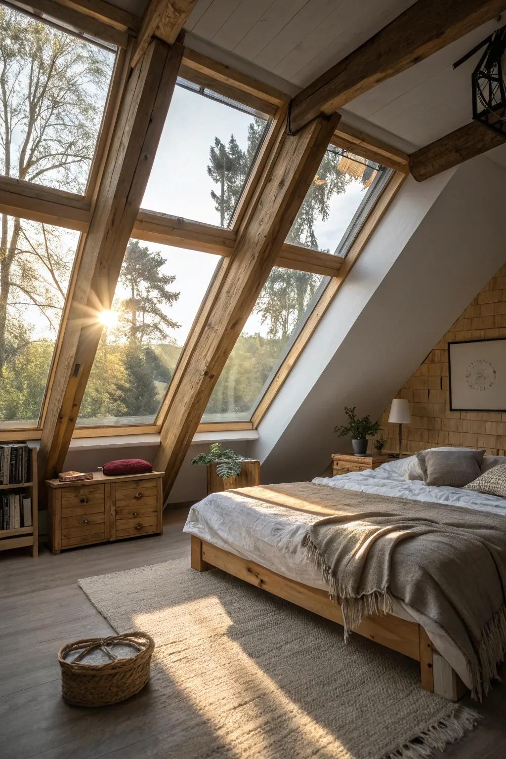 Fill your attic bedroom with the cozy glow of natural light streaming through skylights.
