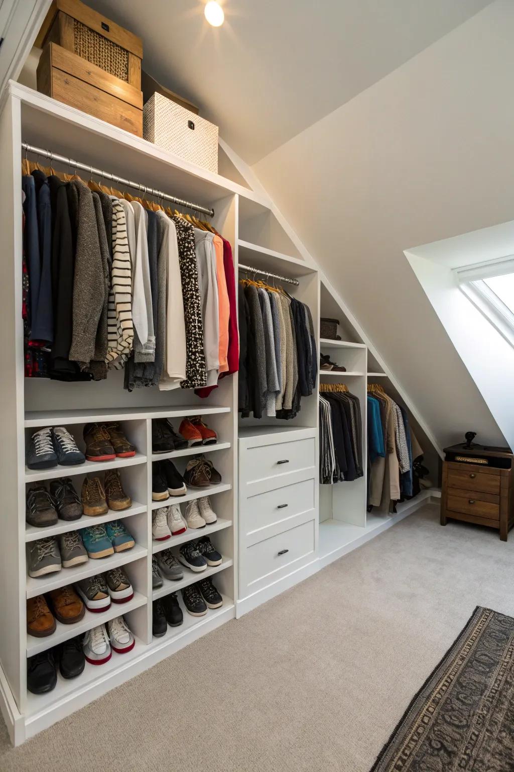 Bespoke shelving maximizes every precious inch beneath sloping ceilings.