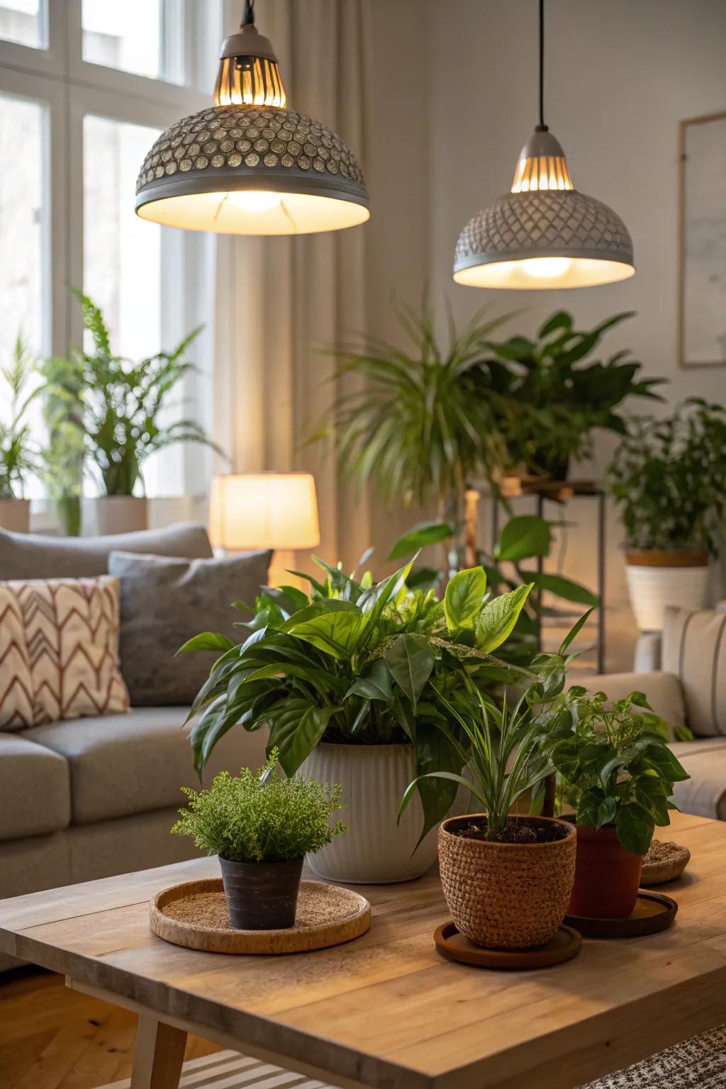 Pendant grow lights elegantly illuminating a variety of houseplants.