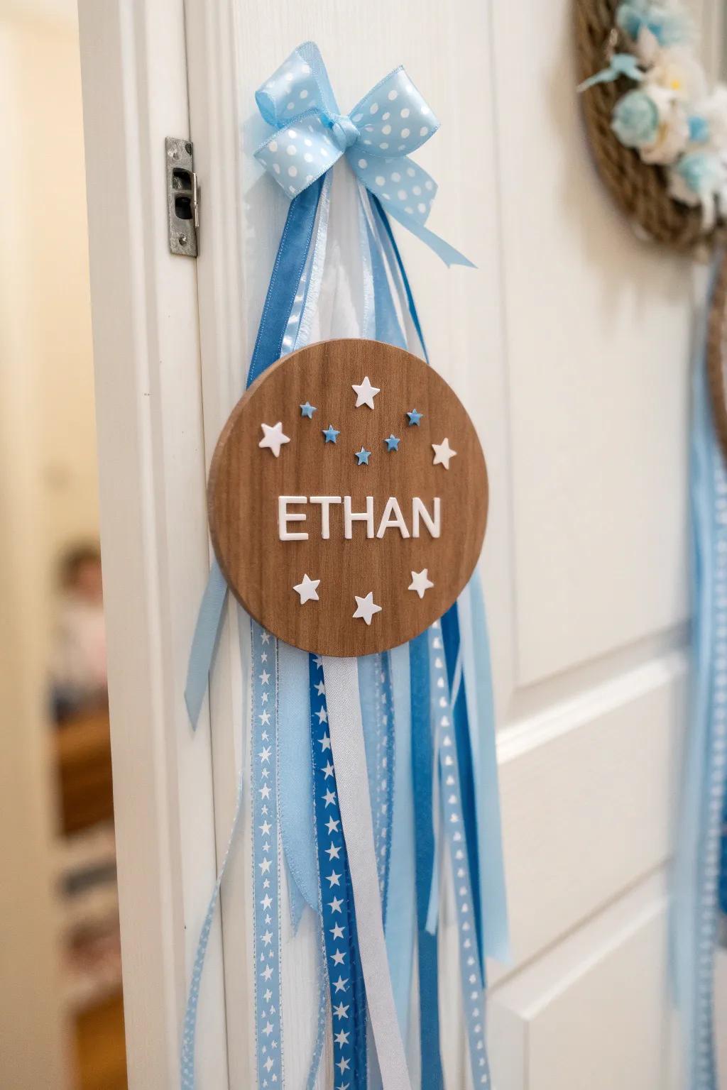 A personalized wooden name plaque door hanger with charming star accents.