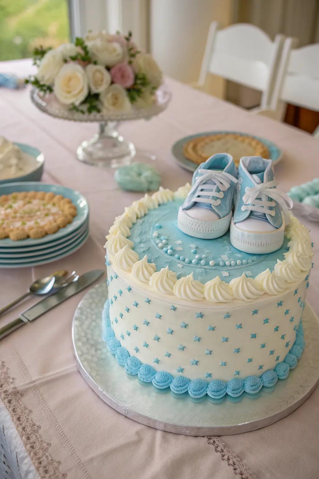 Classic blue and white buttercream cake topped with baby shoes.