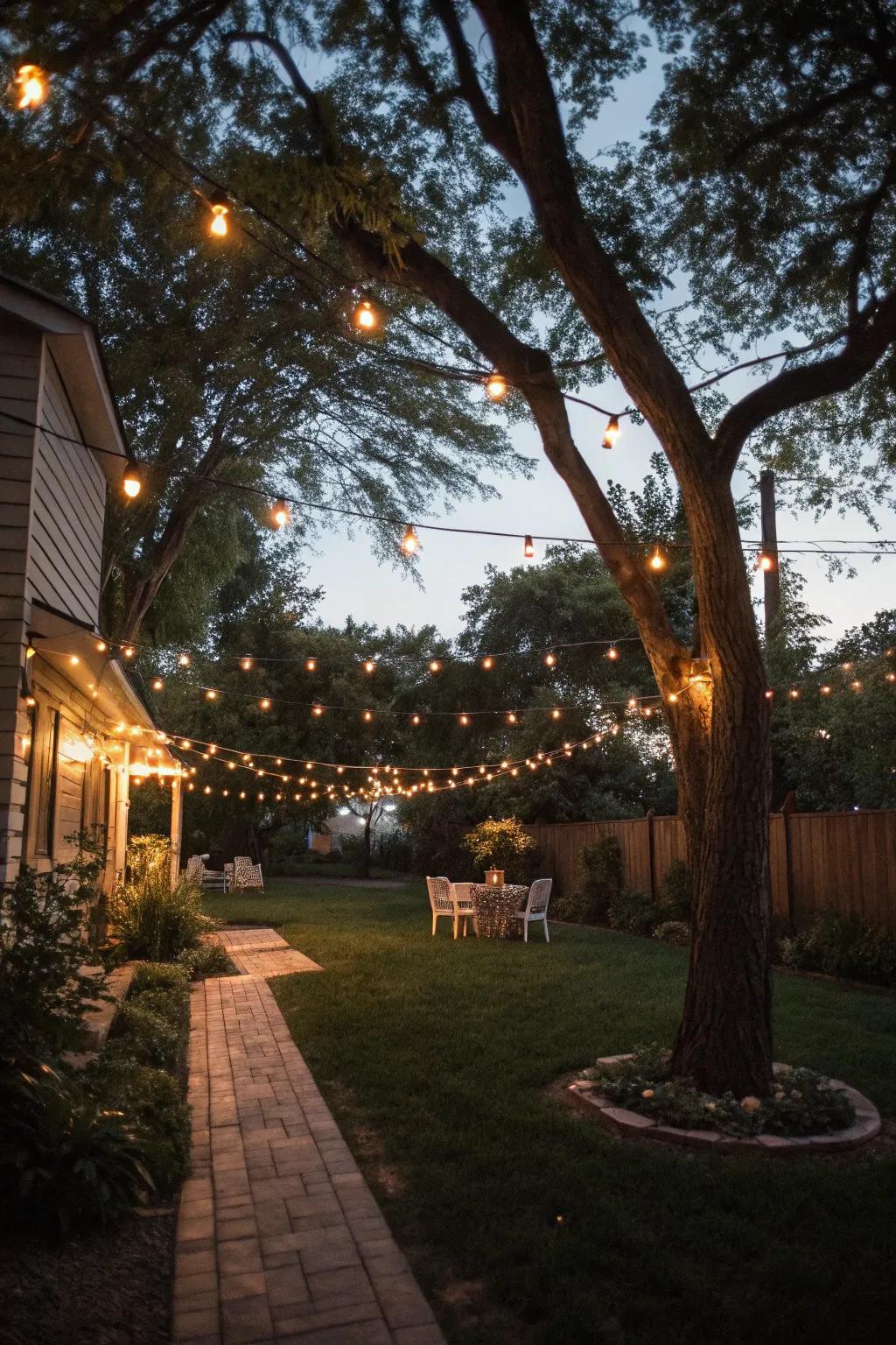 Luminous strands impart a magical glow to evening garden parties.