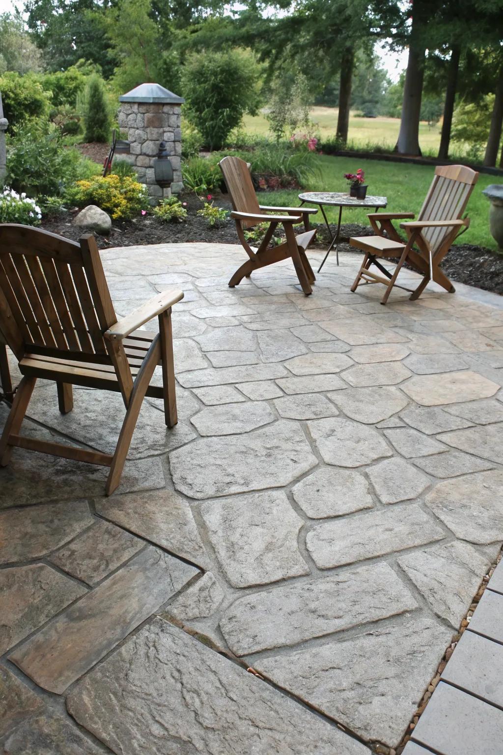 Imprinted concrete beautifully replicates high-end stone aesthetics.