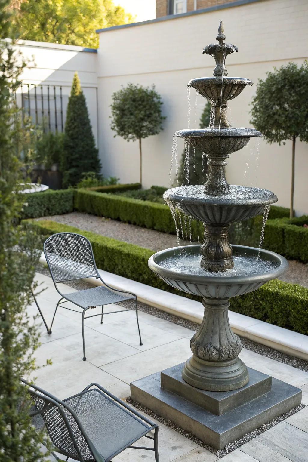 A minimalist metal fountain adds a touch of modern elegance to any backyard.