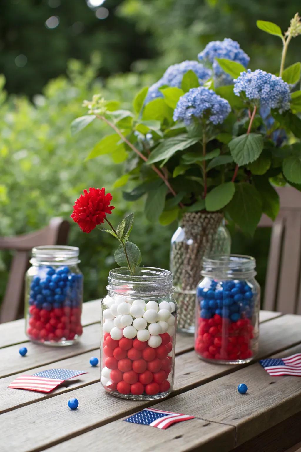 Patriotic preserving jar centerpieces, ideal for summer festivities.
