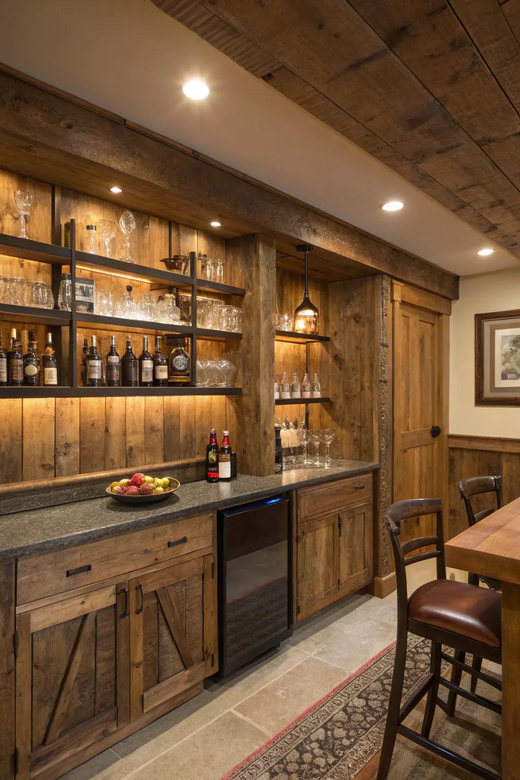 Rustic wooden panels add warmth and charm to any home bar.