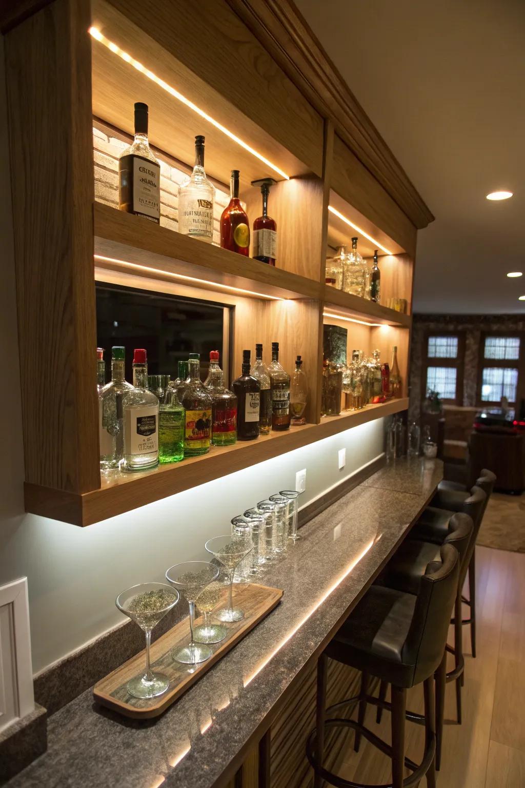 Floating shelves with LED lighting for a modern home bar.