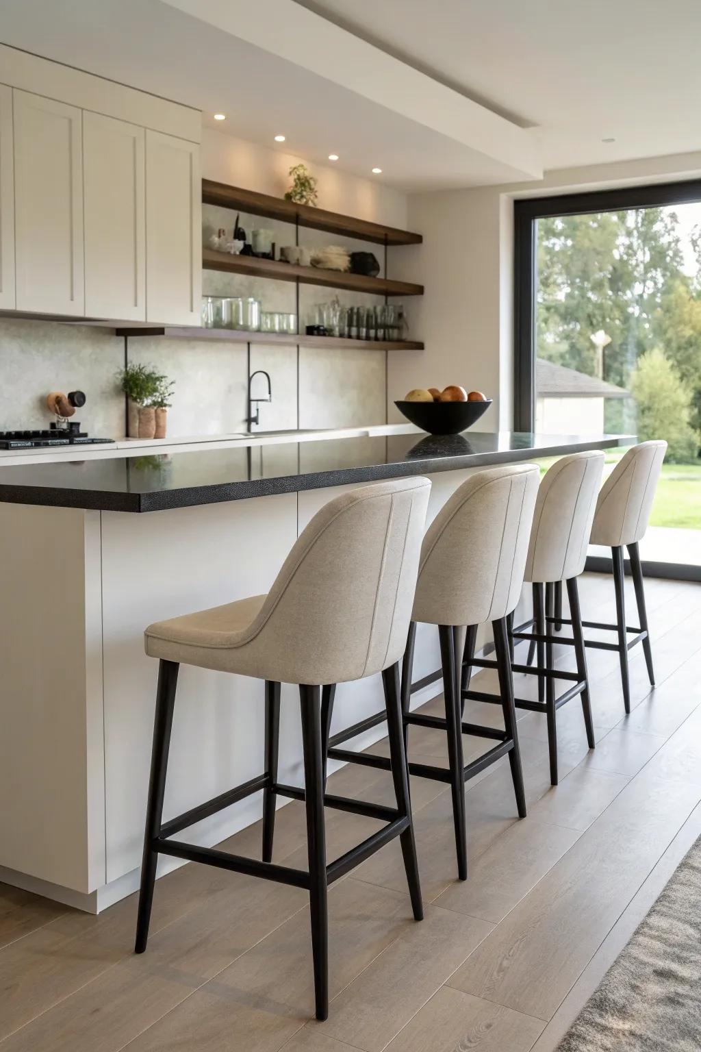 Sleek and modern bar stools with backs for a minimalist touch.