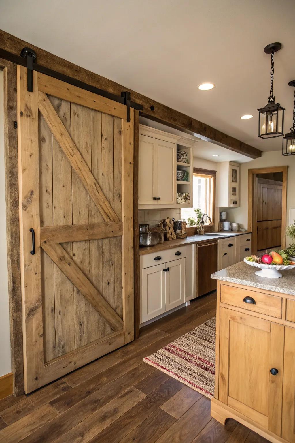 A rustic kitchen with a natural wood sliding barn door pantry.