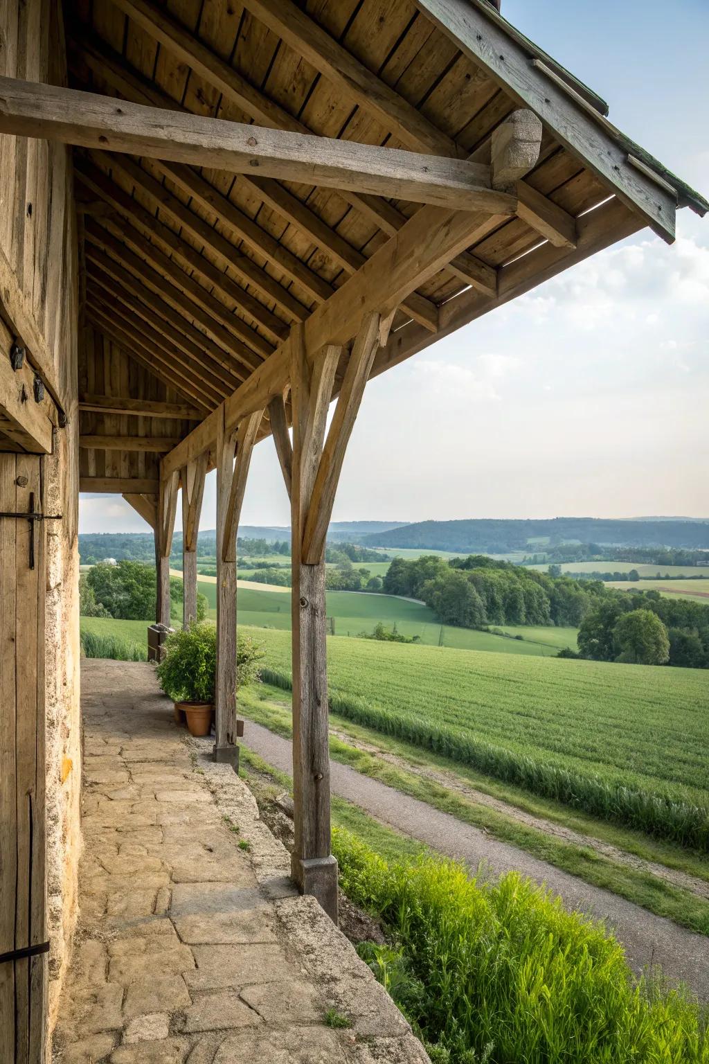 A barn overhang with a timeless rustic wood finish.