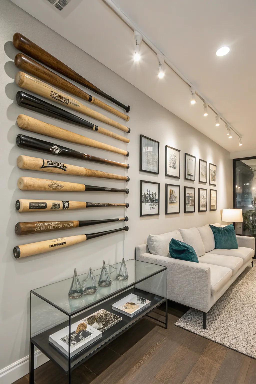 Baseball bats create a striking wall display.