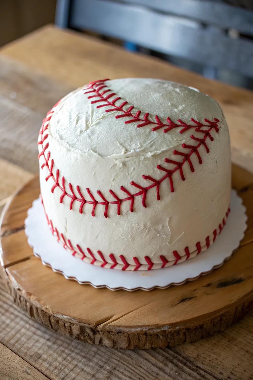 A quintessential baseball cake showcasing iconic stitched accents.