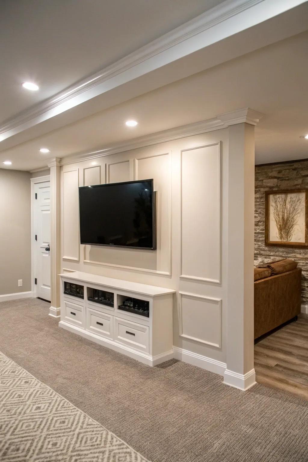 A minimalistic basement TV wall featuring a sleek, wall-mounted TV and neutral decor elements.