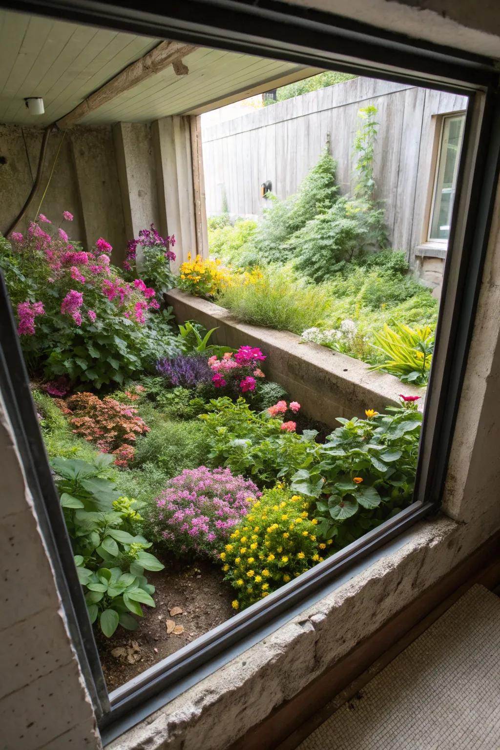 A charming mini garden nestled in a basement window well, adding color and life.