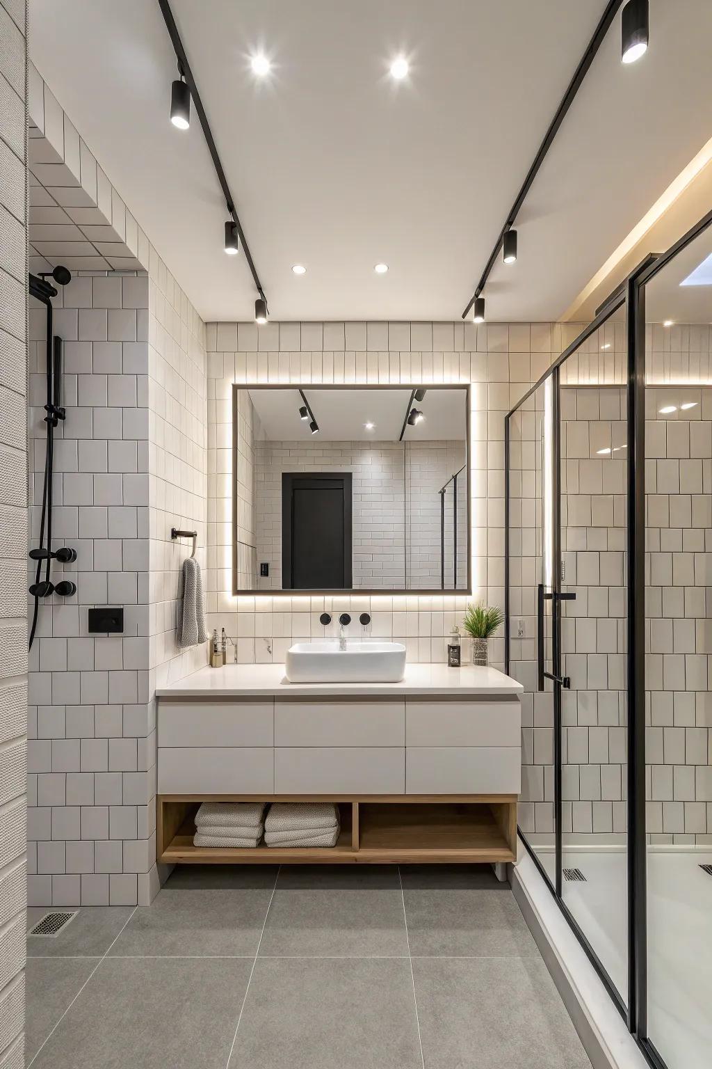 Linear track lighting complements a minimalist bathroom perfectly.