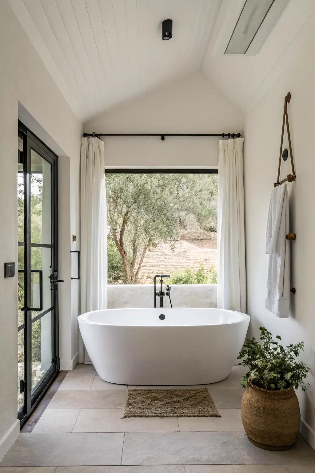 A minimalist bathroom featuring a stylish freestanding bathtub.