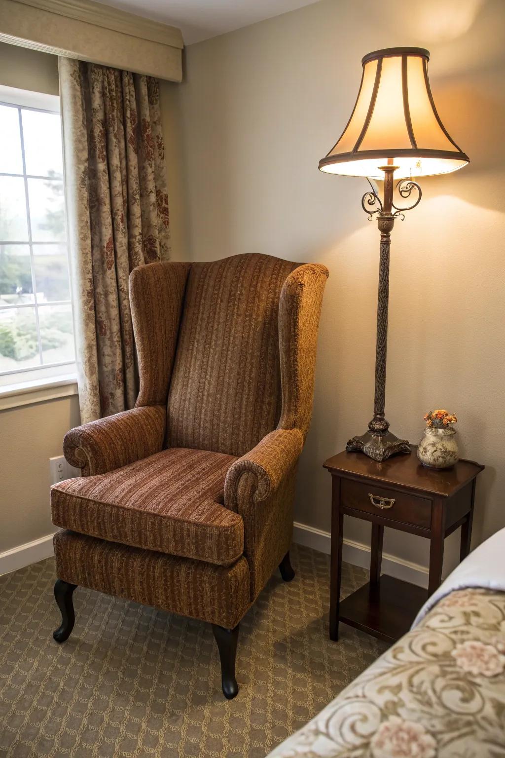 A wingback chair makes a perfect reading nook in any bedroom.