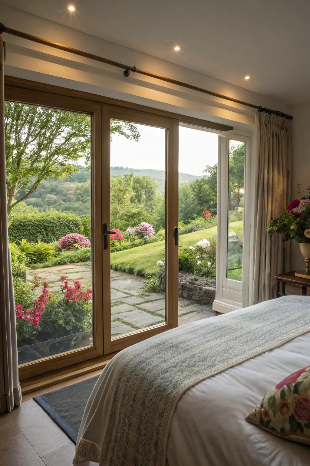 Expansive glass panels offer an unobstructed panorama of the picturesque garden.