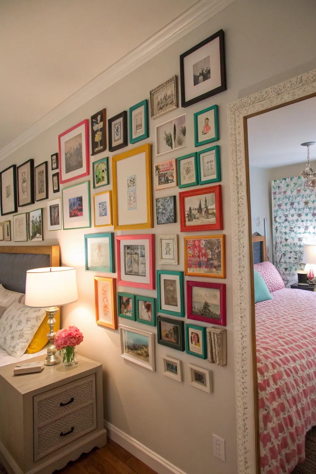 Your bedroom gains personality from a gallery wall that is both individual and fashionable.