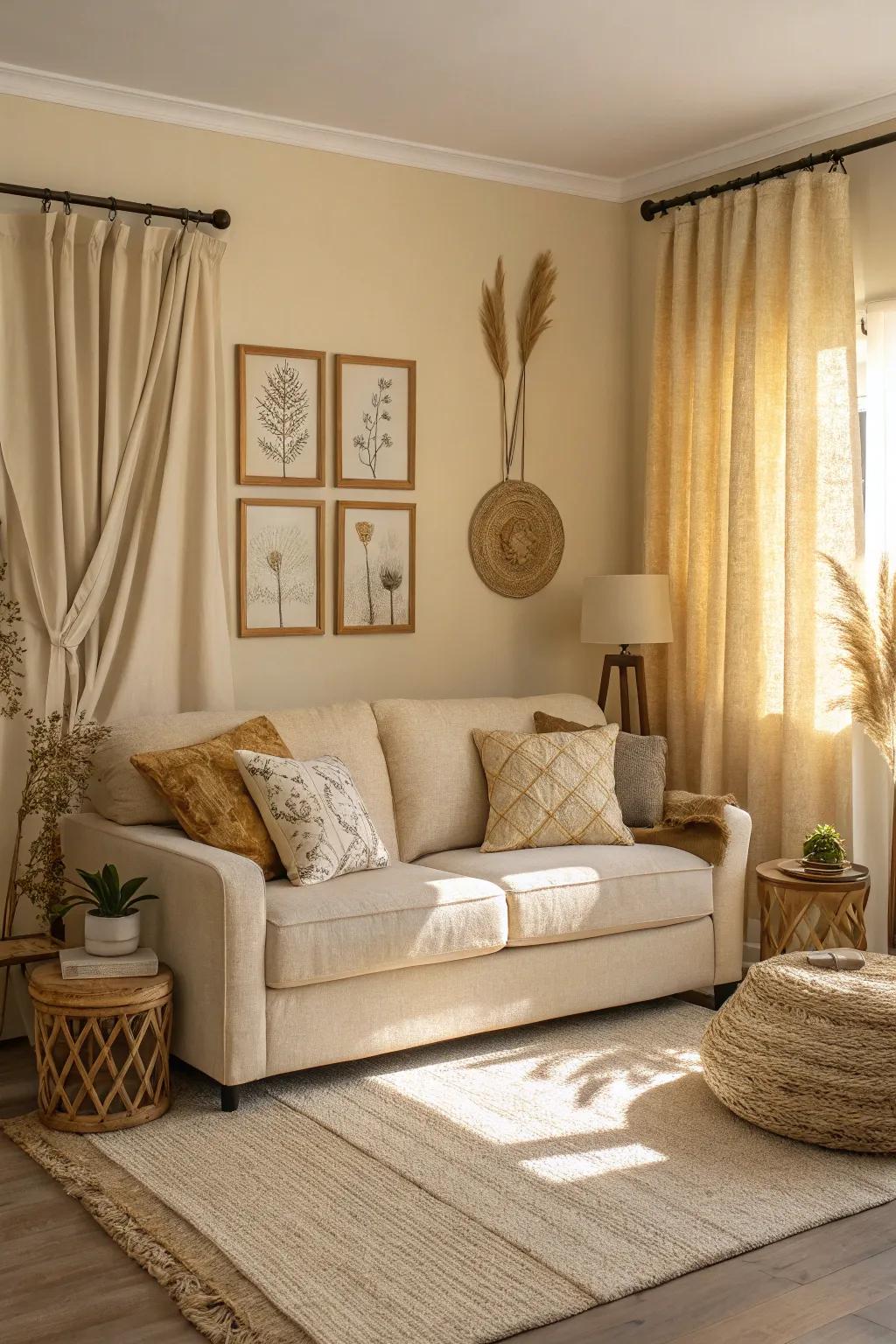 A harmonious monochromatic living room with a beige couch and complementary beige tones.