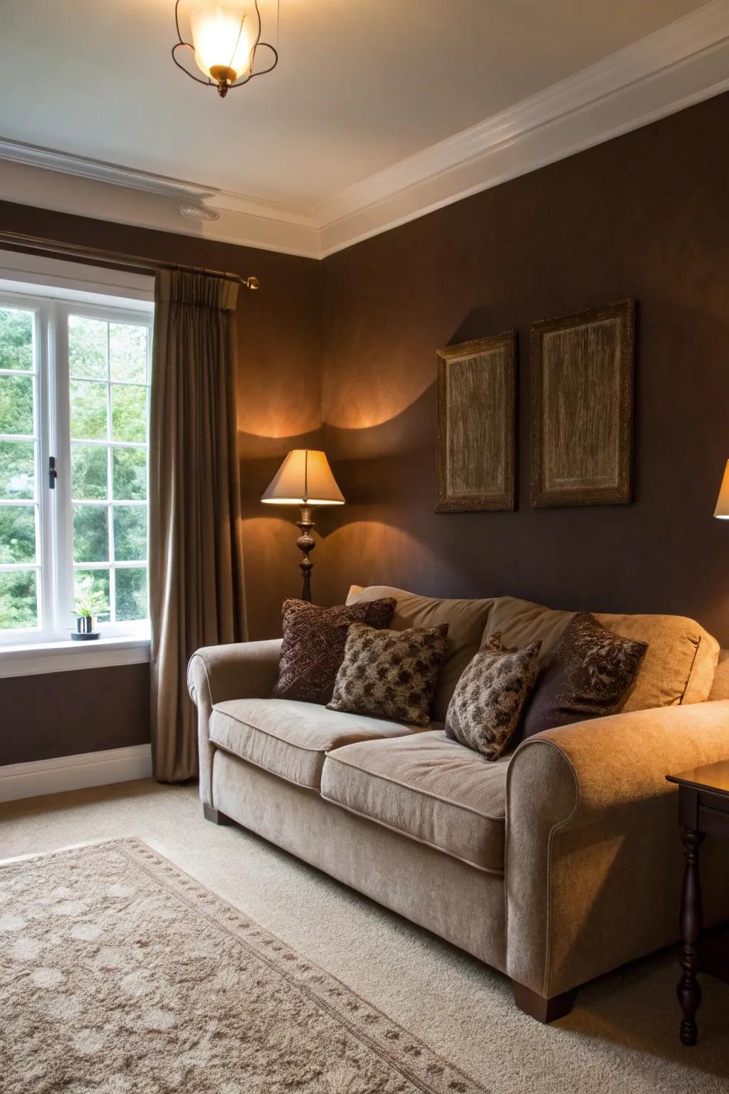 A delightful living room embraced by the warmth of cocoa brown.
