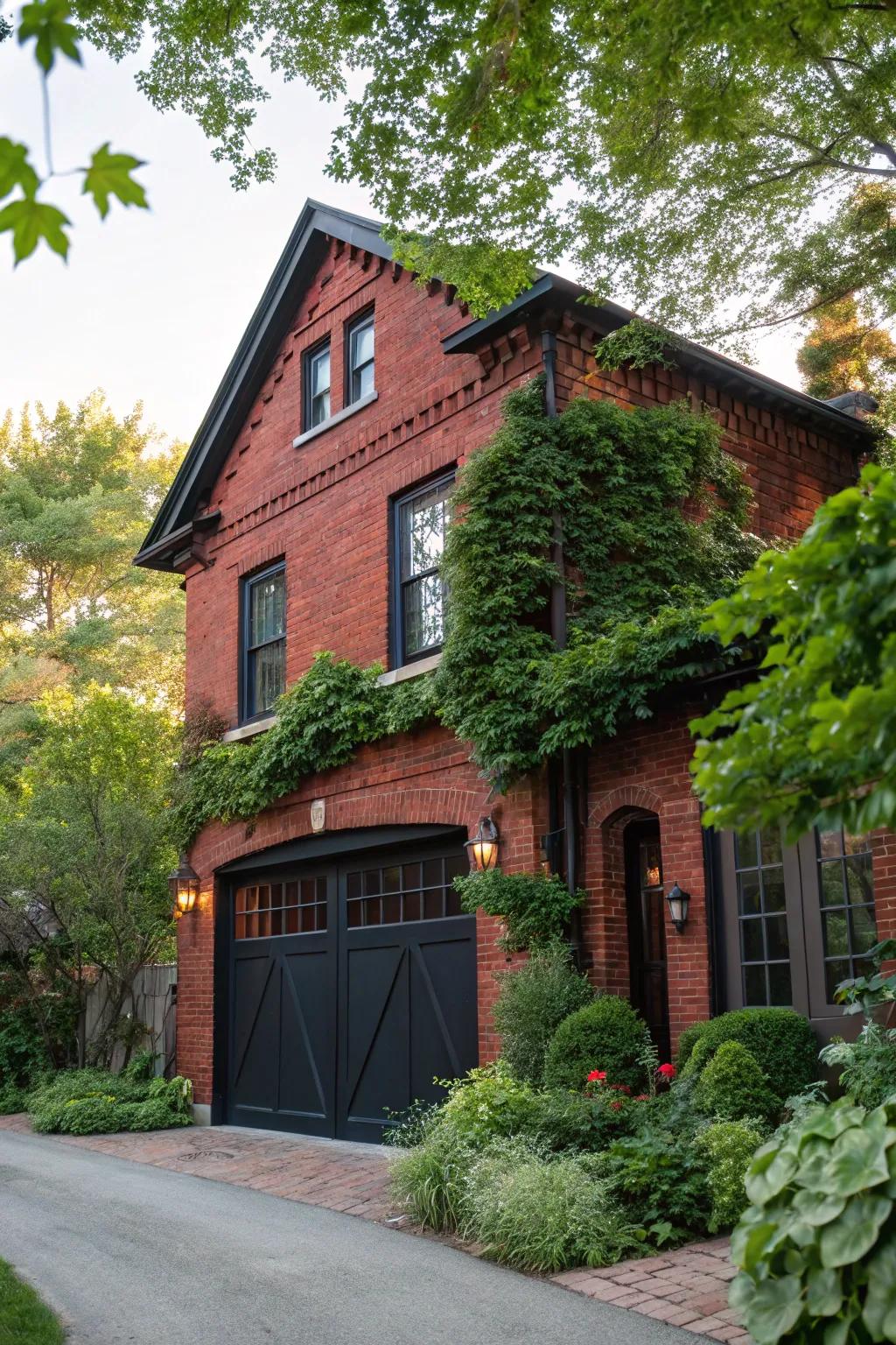 A bold black garage door adds a touch of sophistication to red brick homes.