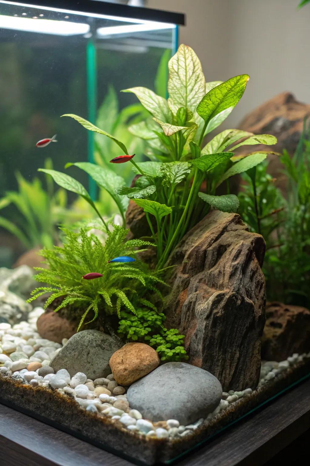 A vibrant aquatic garden with live plants, perfect for your betta.