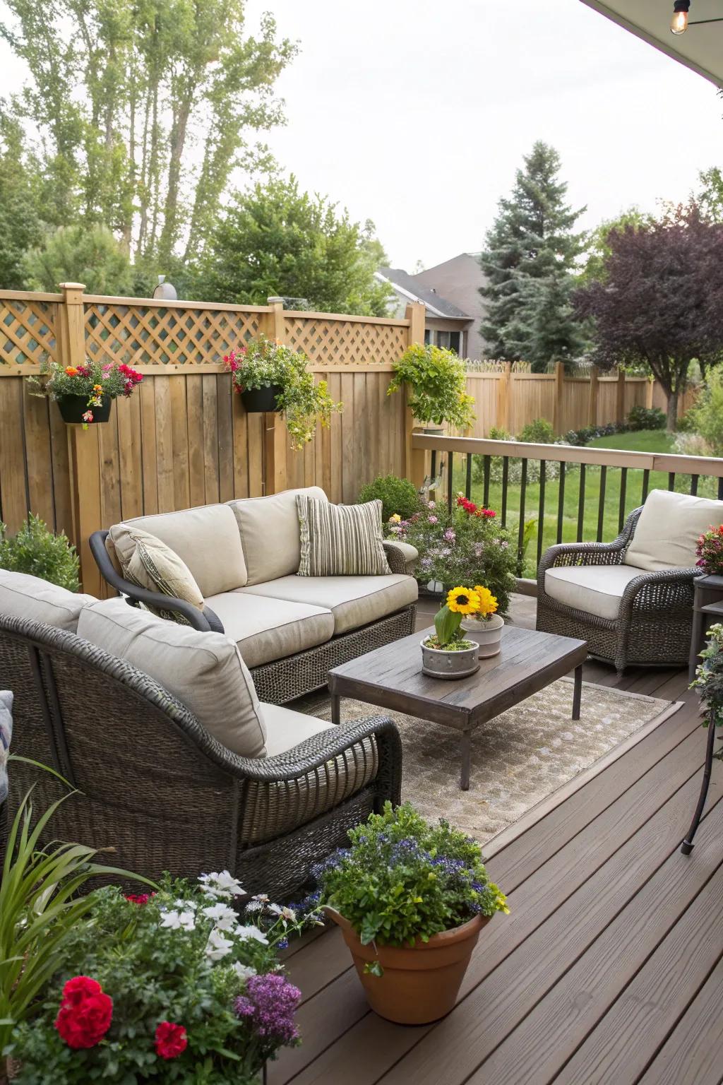 A cozy deck with inviting seating and greenery for ultimate relaxation.