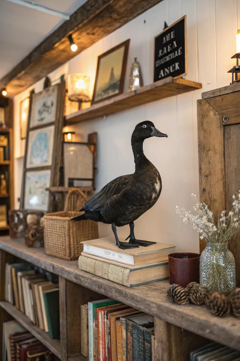 A classic black duck standing mount displayed on a rustic shelf.