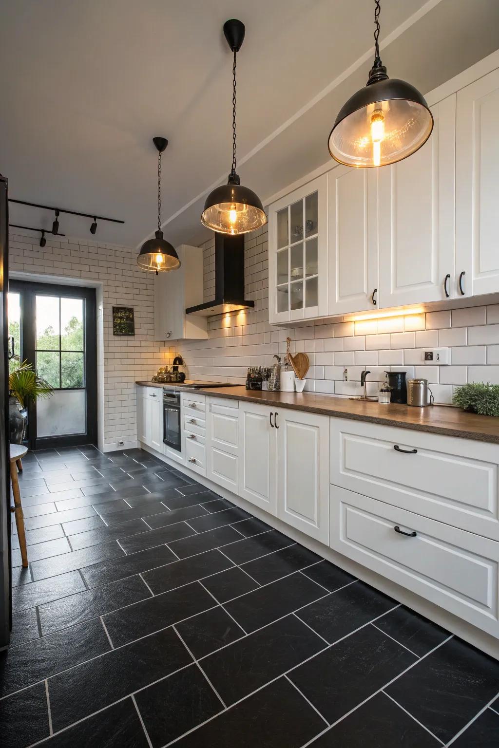 A kitchen displaying the stunning contrast of black floors with white cabinetry.