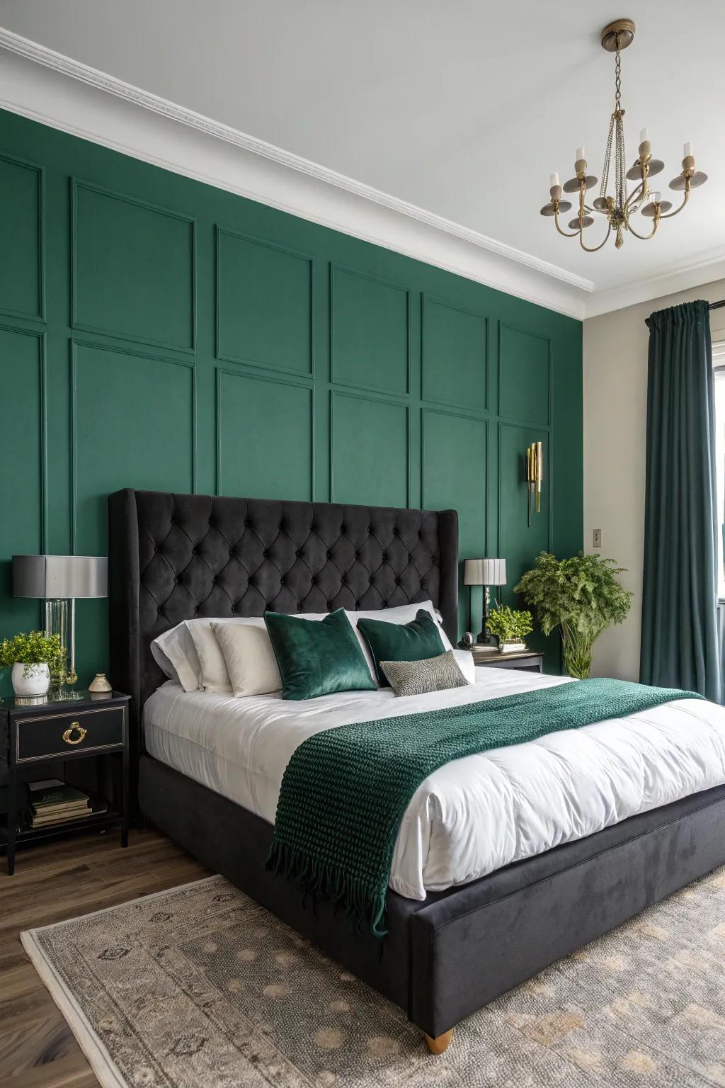 A bedroom featuring an emerald green accent wall as a focal point.