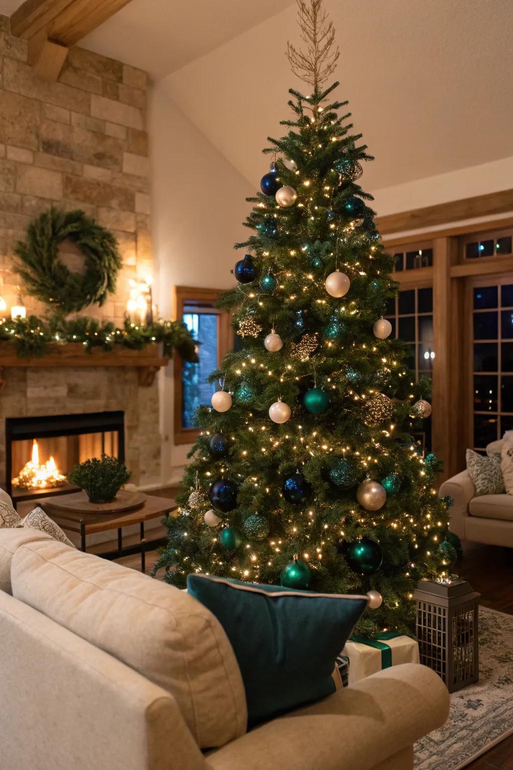 A classic blue and green Christmas tree with ornaments that exude elegance and warmth.