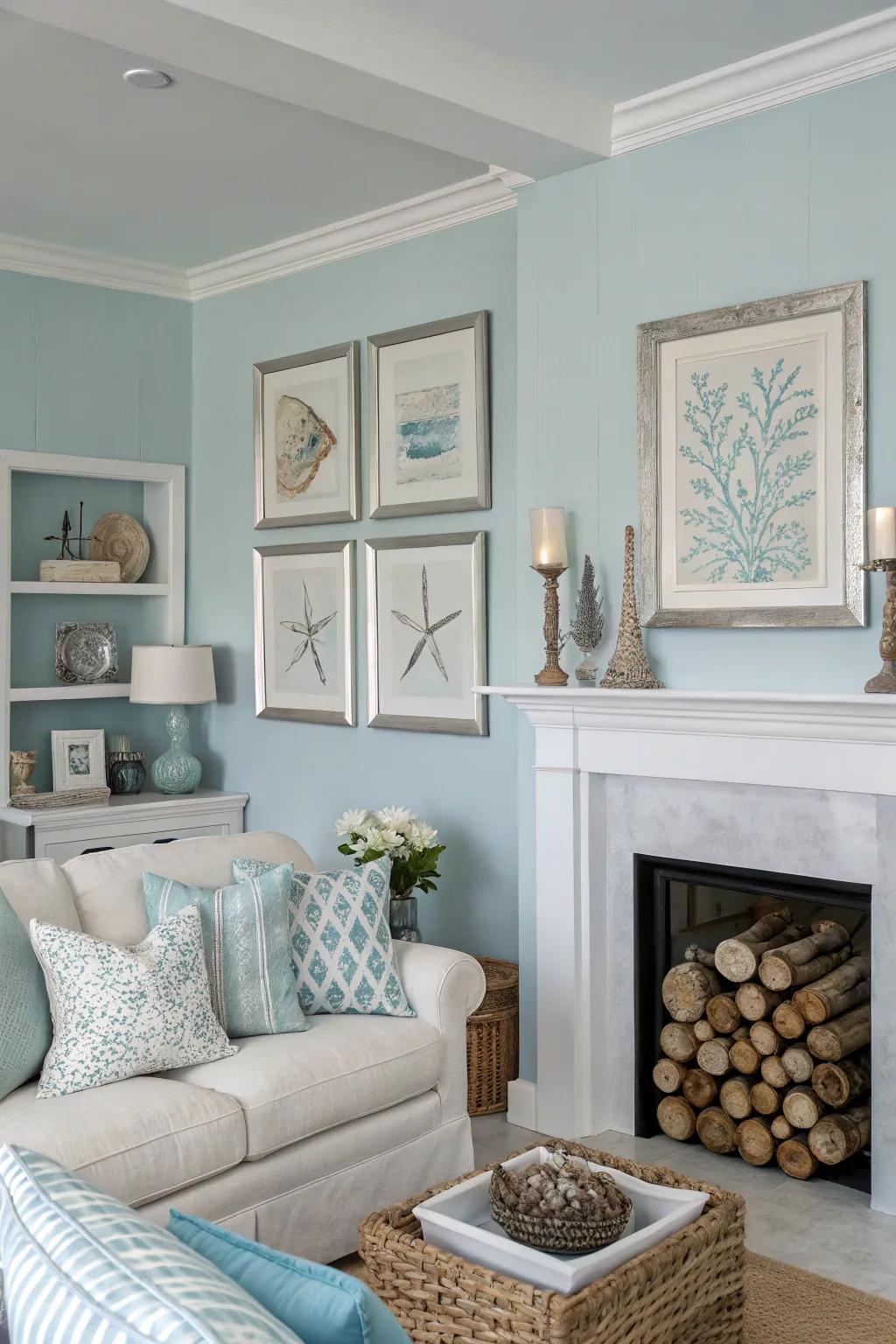 A serene coastal-inspired living room with light blue walls and silver accents.