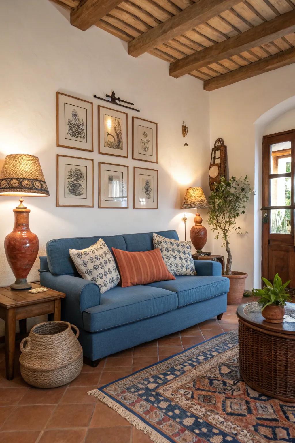 Combine a blue sofa with warm earth tones for a cozy ambiance.