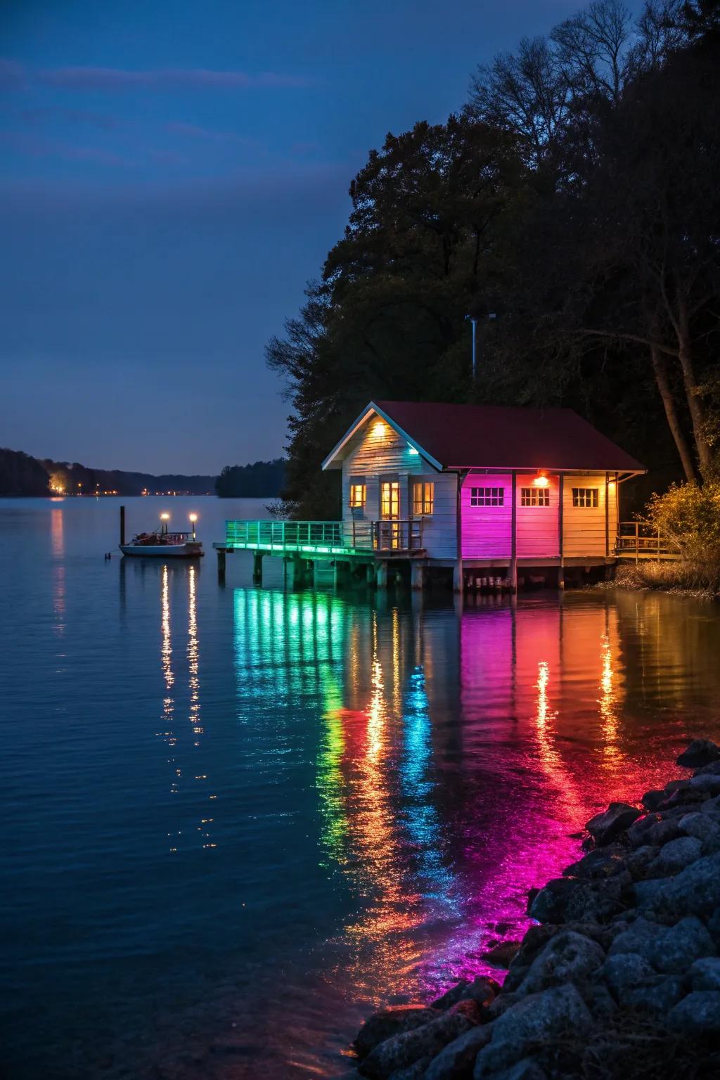 Underwater lights create a magical glow around the boat house, making the water shimmer with color.