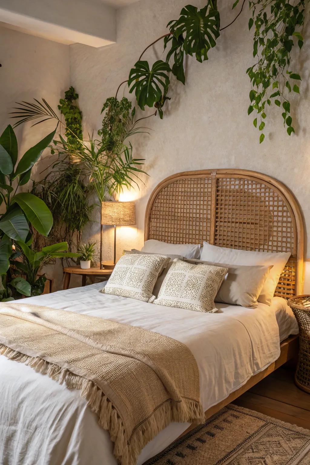 A woven rattan headboard introduces a natural element to this boho-inspired bedroom.