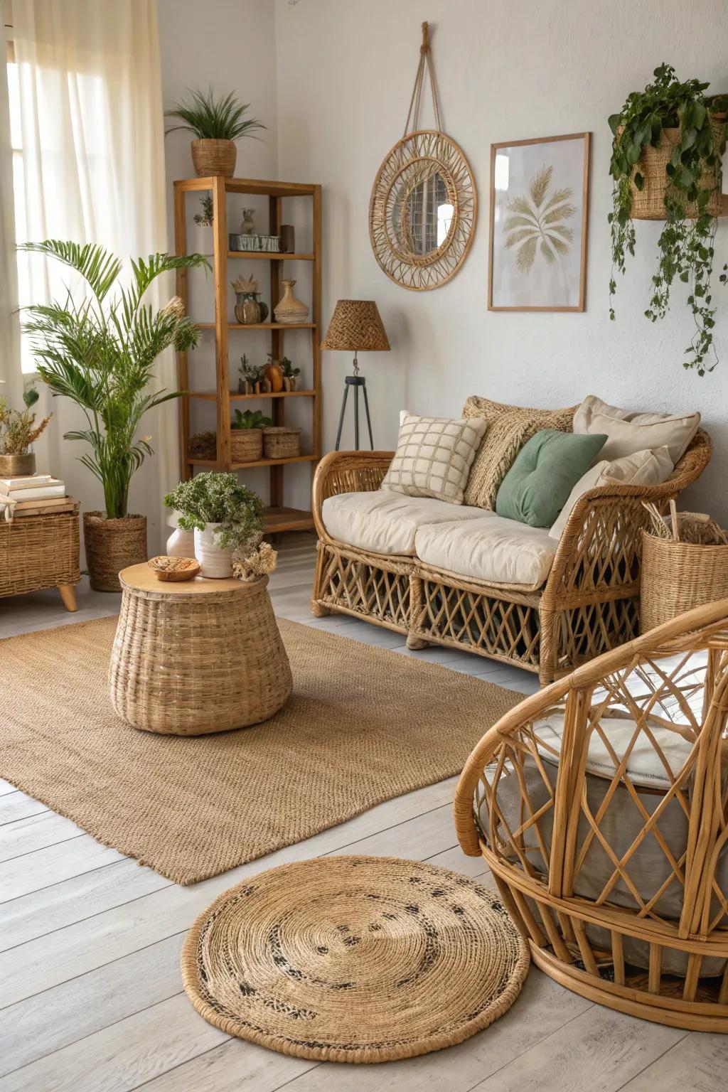 Natural textures create a serene and grounded bohemian living space.